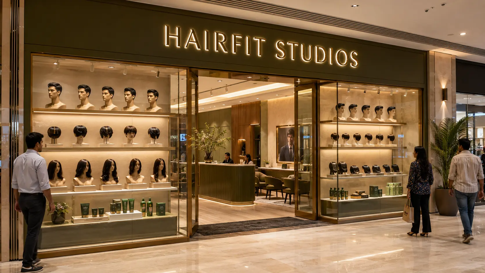 HairFit Studios premium mall showroom with a glass facade
