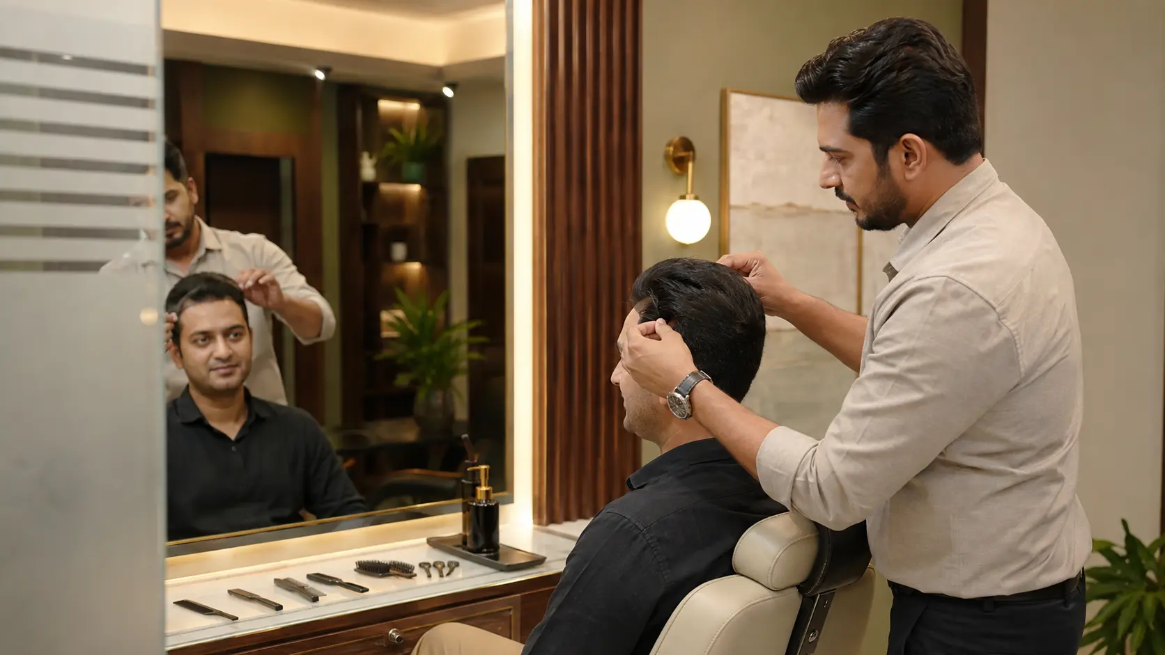 Hair expert installing and styling a natural-looking hair system in a private HairFit Studio cabin