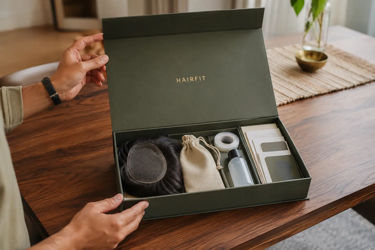 Discreet HairFit delivery box with a hair system and installation essentials