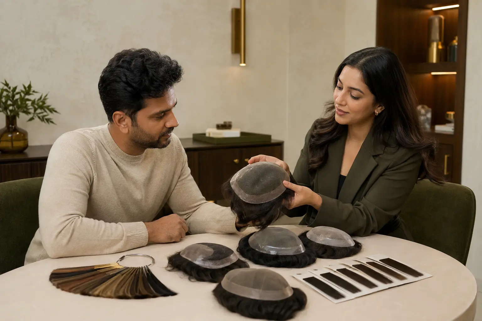 HairFit expert guiding an Indian customer through hair system and colour choices