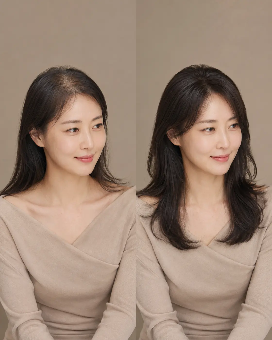 South Korean woman before and after a naturally styled HairFit crown topper