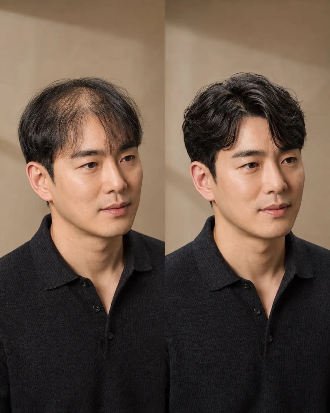 South Korean man before and after a naturally fitted HairFit hair system