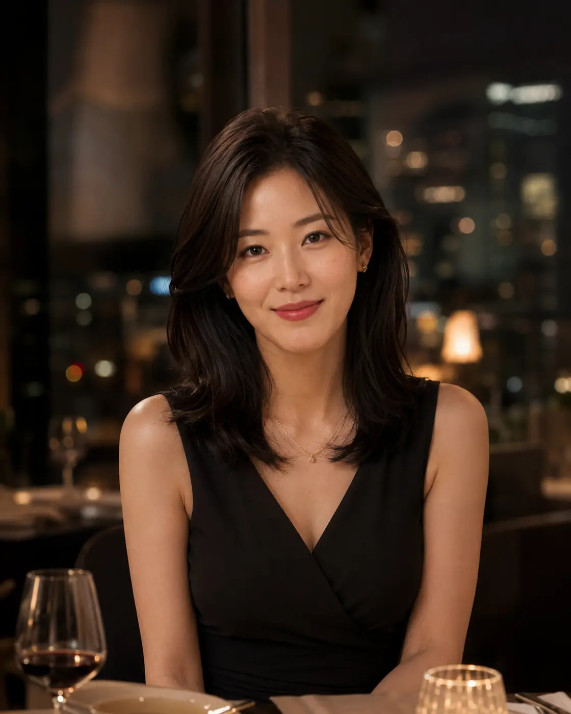 South Korean woman wearing a softly layered date-night hairstyle