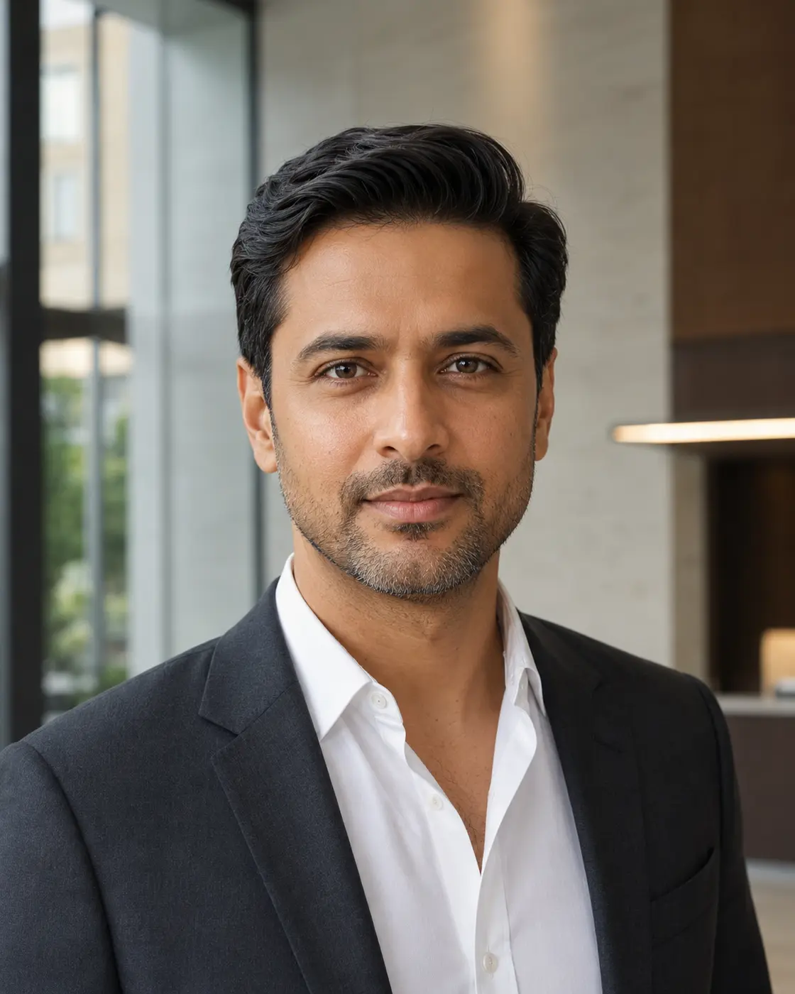 Indian man wearing a polished professional side-part hairstyle