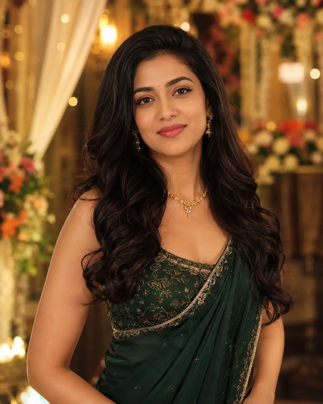 Indian woman wearing a voluminous long hairstyle for a wedding celebration