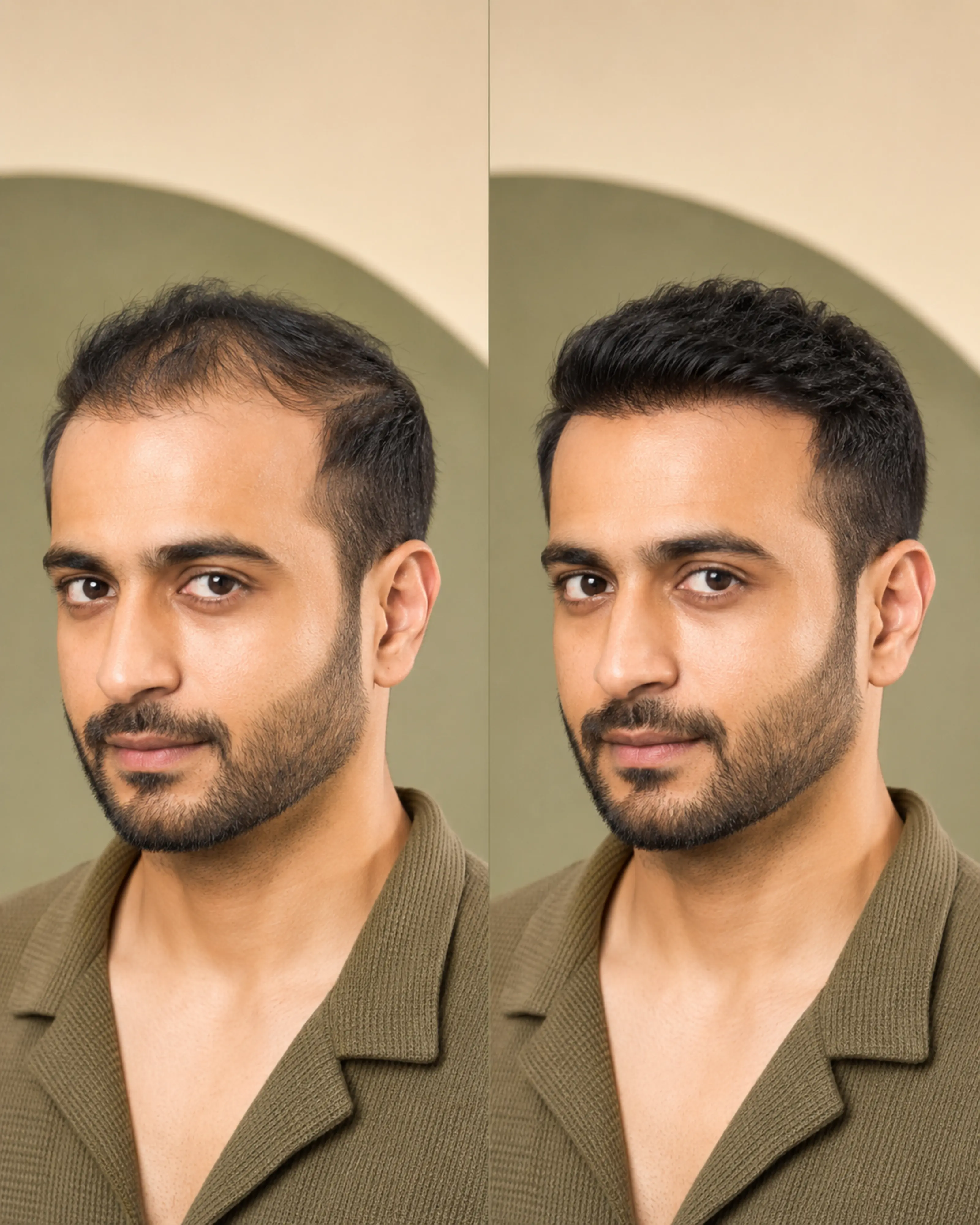 Indian man with a receding hairline before and after wearing a HairFit frontal hairline patch