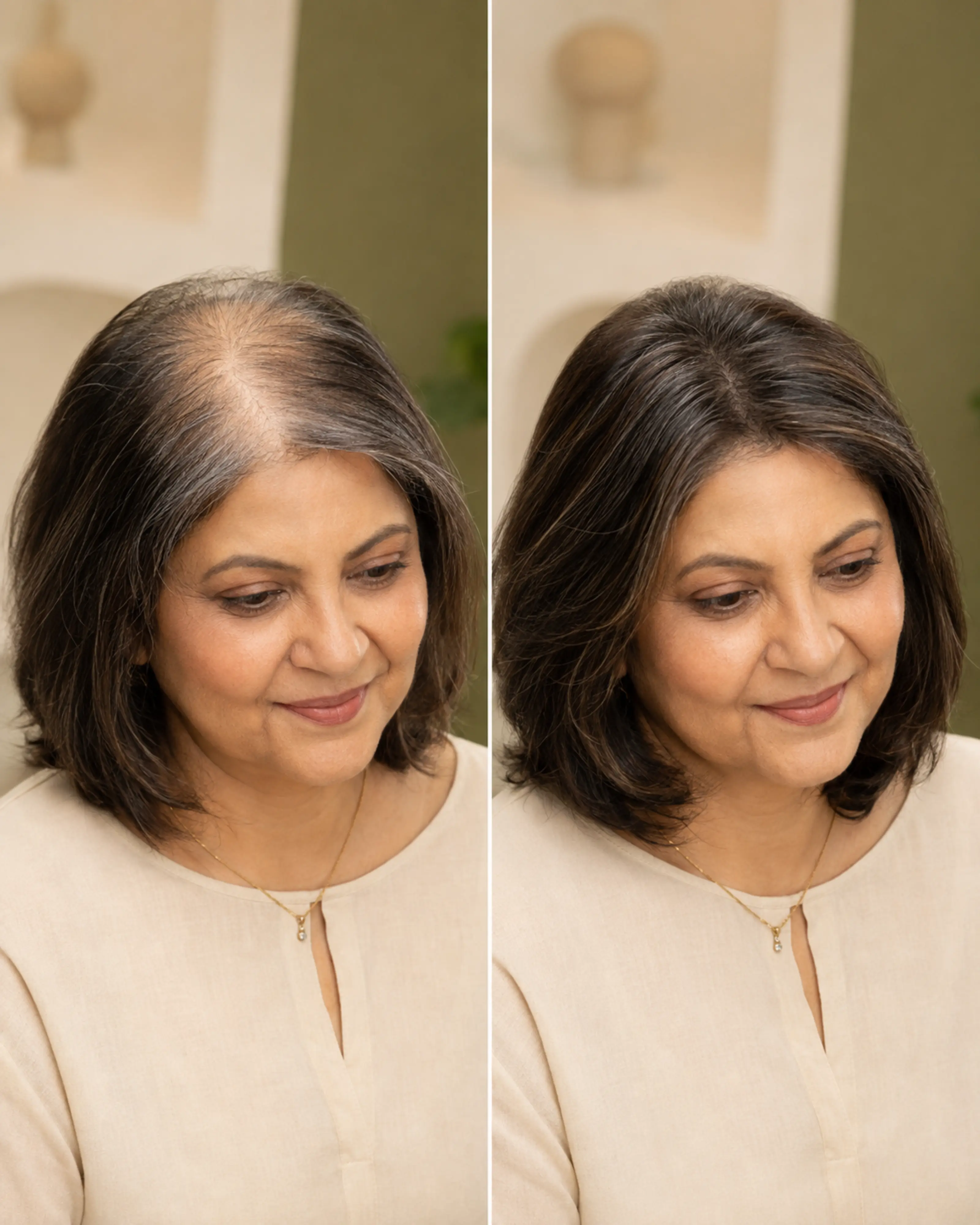 Indian woman with broader crown thinning before and after styling with a HairFit Silk Top Hair Topper